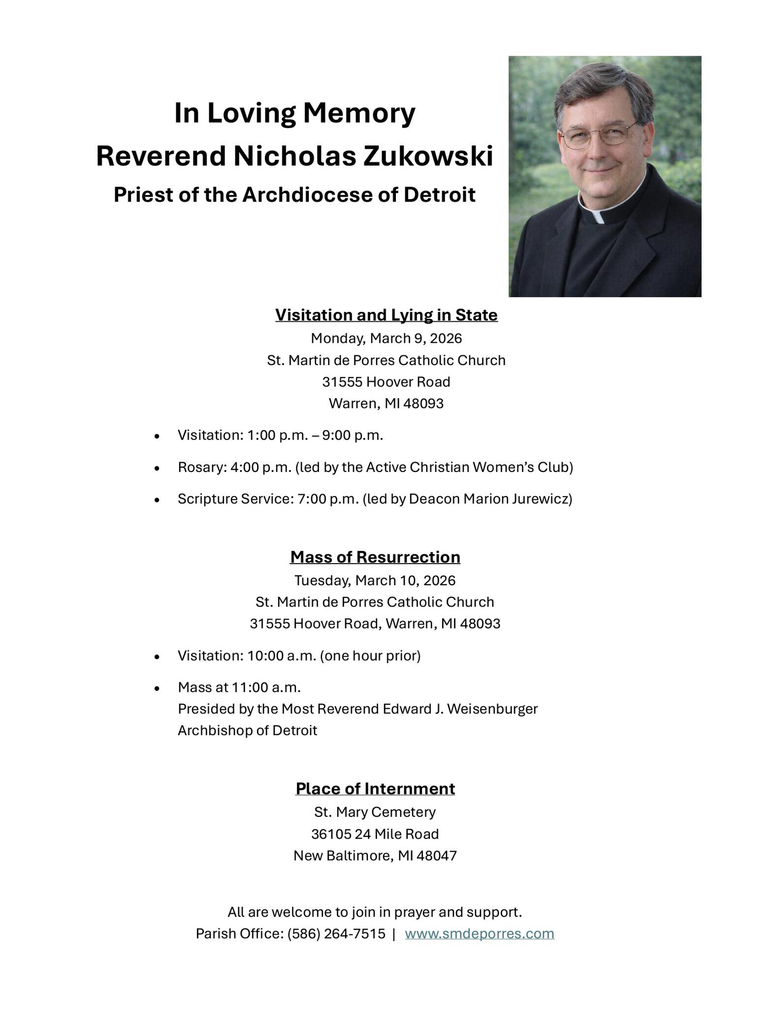 Fr. Nick Zukowski Funeral Arrangements
